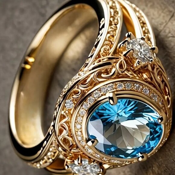 Elegant Golden Ring with Sparkling Blue Cubic Zirconia. Color Golden. - Picture 3 of 3